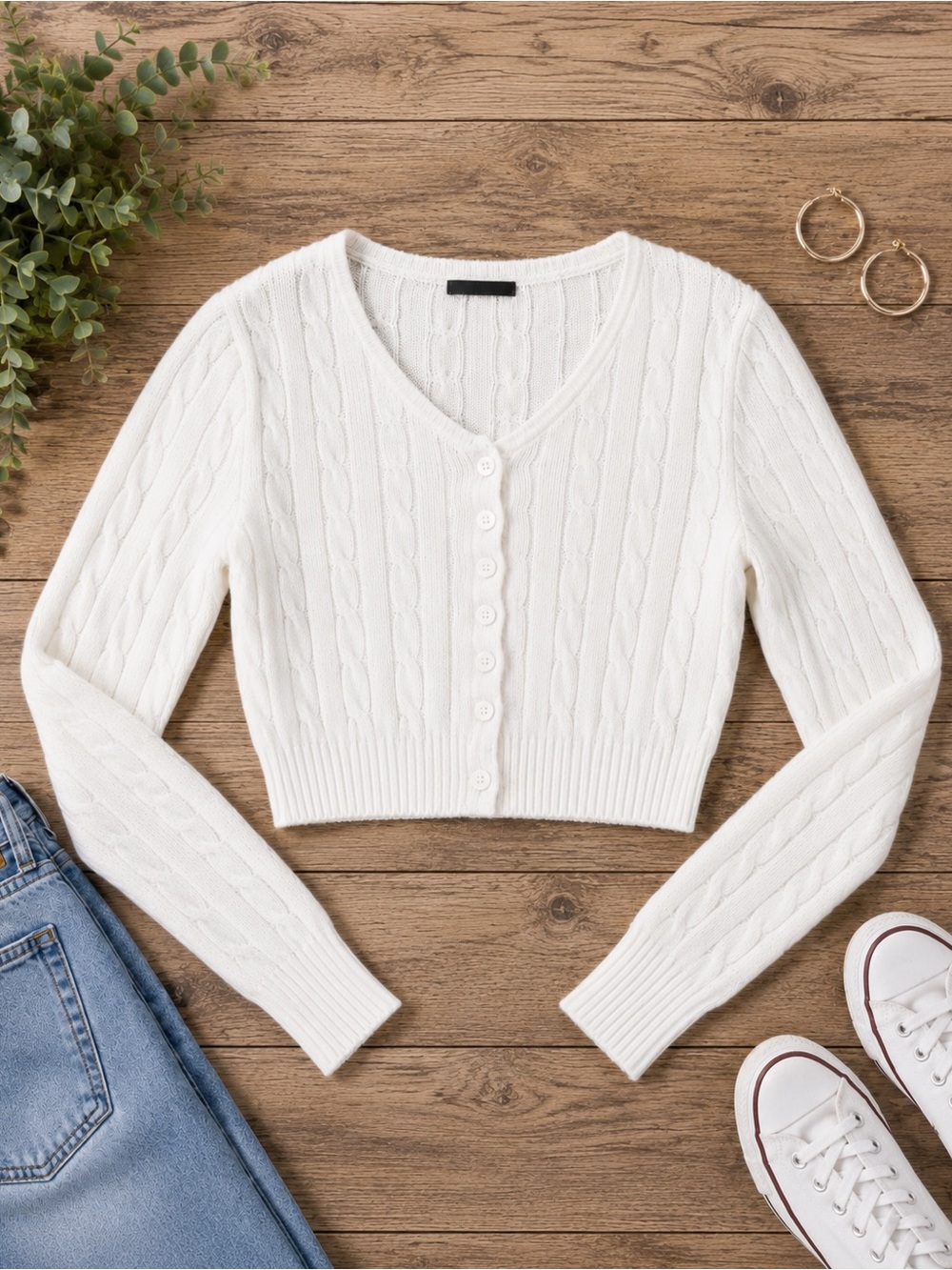 Brandy melville Cropped Cable Knit Button-Front Sweater Cardigan - White